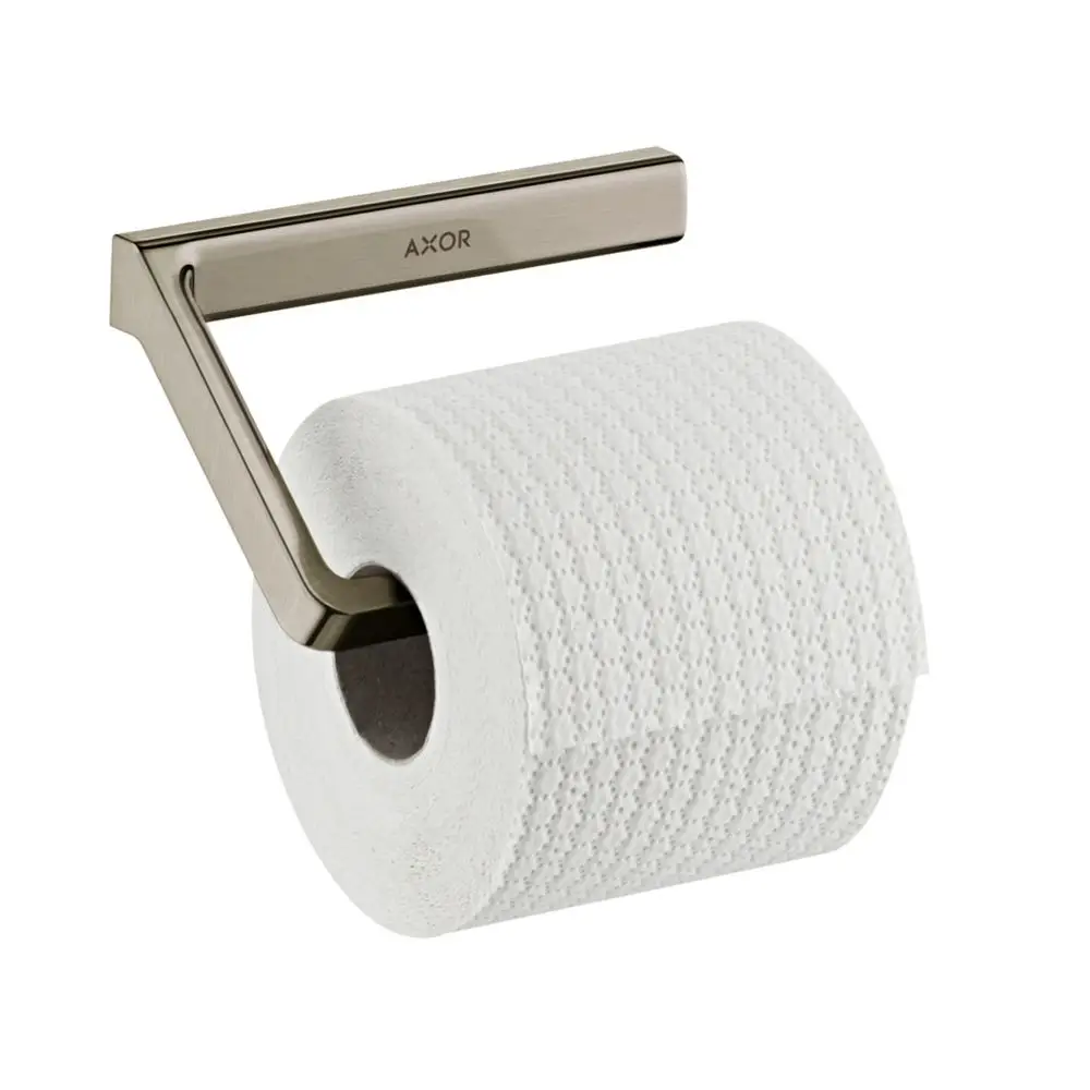 Toilettenpapierhalter von AXOR in gebürstetem Nickel, der eine Rolle Toilettenpapier hält. Es handelt sich um eine moderne Halterung mit einem klaren Design.